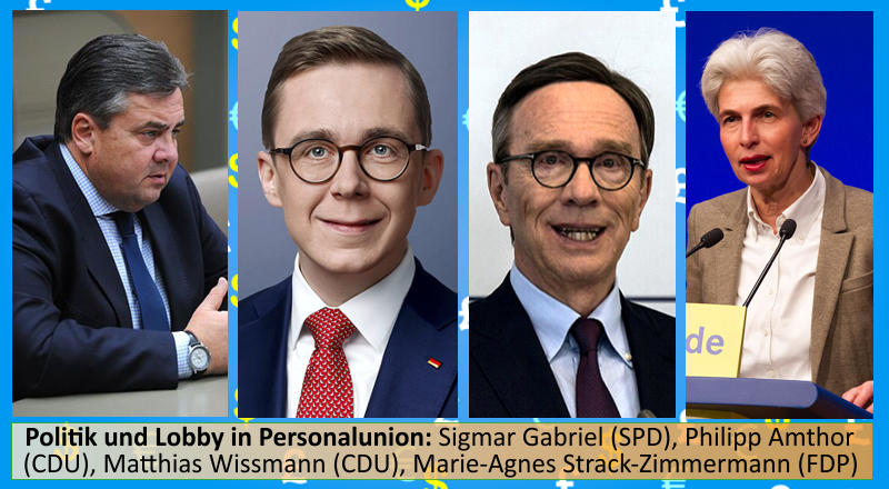 Politik und Lobby in Personalunion: Sigmar Gabriel (SPD), Philipp Amthor (CDU), Matthias Wissmann (CDU), Marie-Agnes Strack-Zimmermann (FDP)